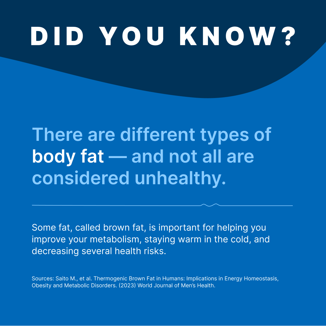 Did You Know?
There are different types of body fat — and not all are considered unhealthy.
Some fat, called brown fat, is important for helping you improve your metabolism, staying warm when you’re cold, and decreasing several health risks.
Sources: Saito M., et al. Thermogenic Brown Fat in Humans: Implications in Energy Homeostasis, Obesity and Metabolic Disorders. (2023) World Journal of Men’s Health.