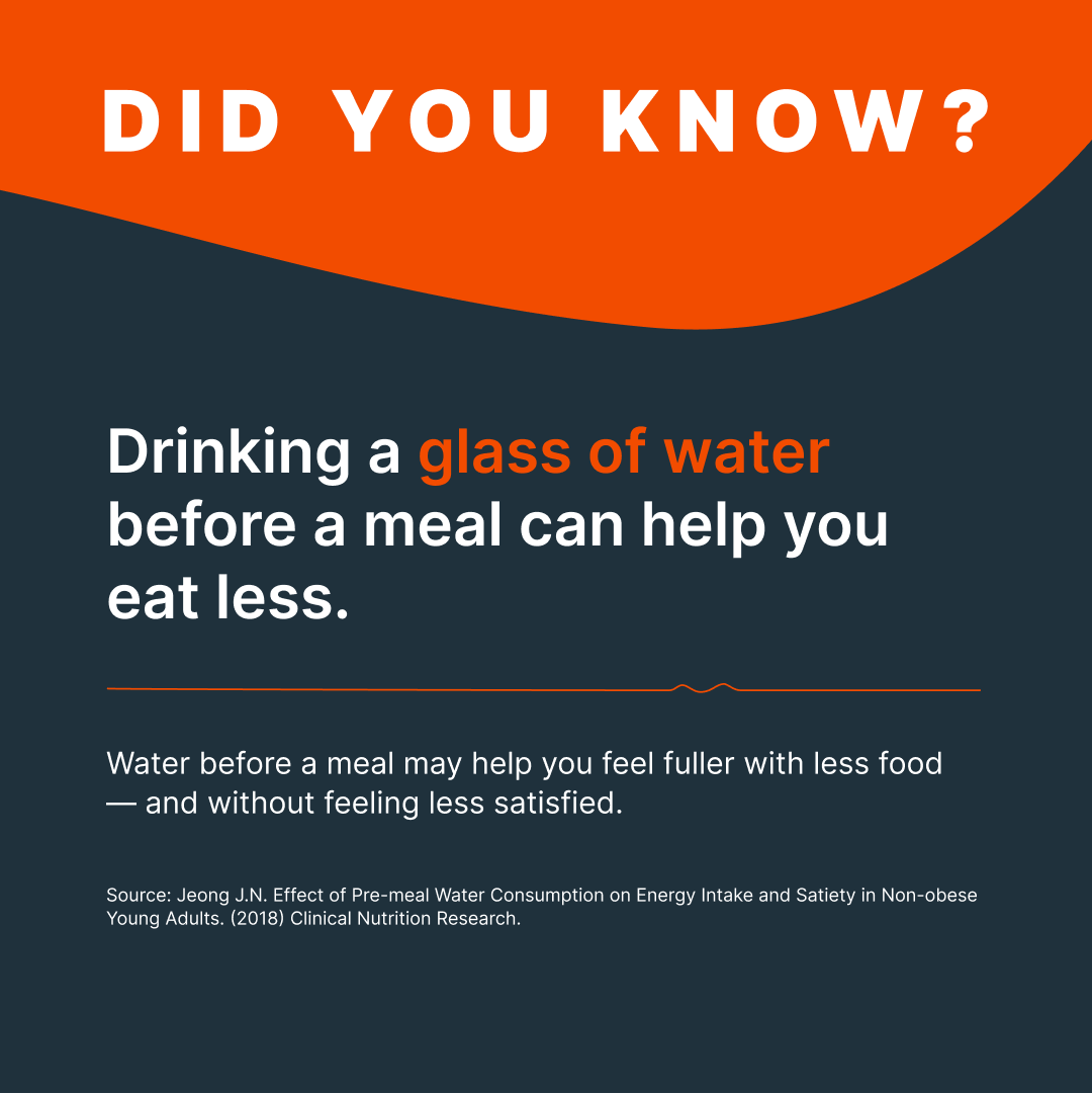 Did You Know?
Drinking a glass of water before a meal can help you eat less.
Water before a meal may help you feel fuller with less food — and without feeling less satisfied.
Source: Jeong J.N. Effect of Pre-meal Water Consumption on Energy Intake and Satiety in Non-obese Young Adults. (2018) Clinical Nutrition Research.