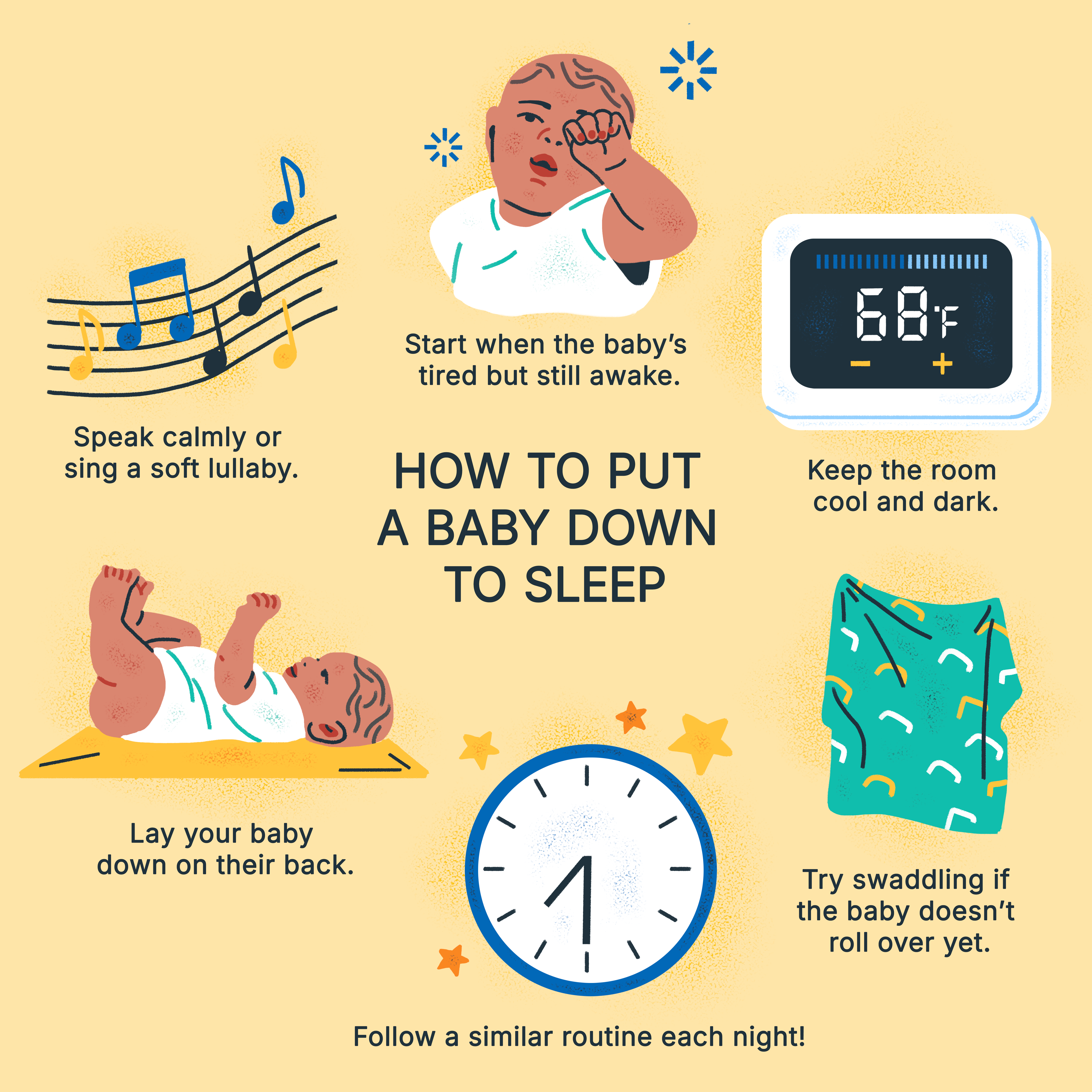 How to Put a Baby Down to Sleep:
Keep the room cool and dark.
Start when the baby’s tired but still awake.
Speak calmly or sing a soft lullaby.
Try swaddling if the baby doesn’t roll over yet.
Lay your baby down on their back.
Follow a similar routine each night!