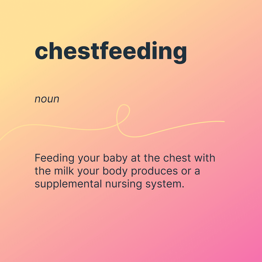 chestfeeding 
noun 
Feeding your baby at the chest with the milk your body produces or a supplemental nursing system. 