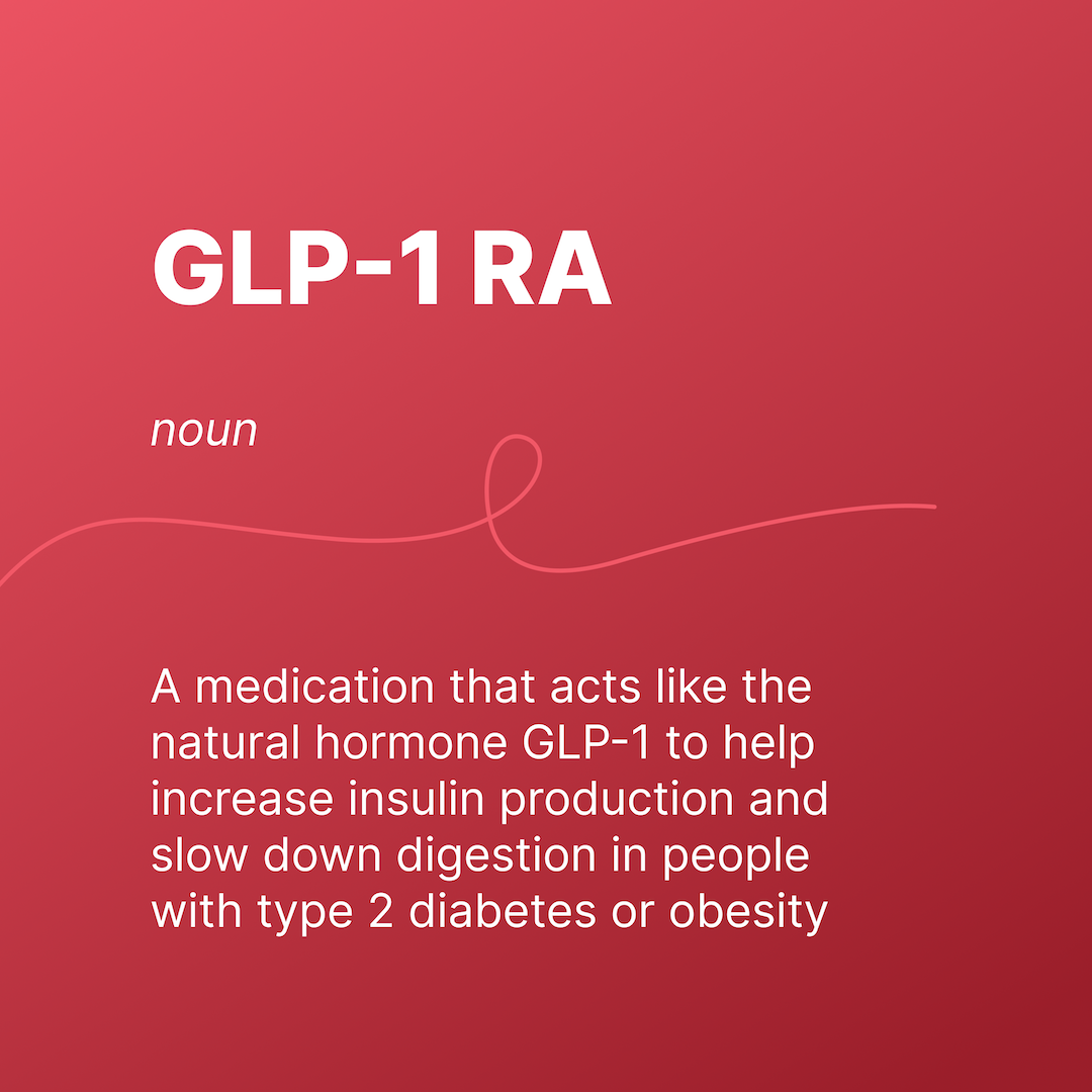 GLP-1 RA
noun
a medication that acts like the natural hormone GLP-1 to help increase insulin production and slow down digestion in people with type 2 diabetes or obesity.