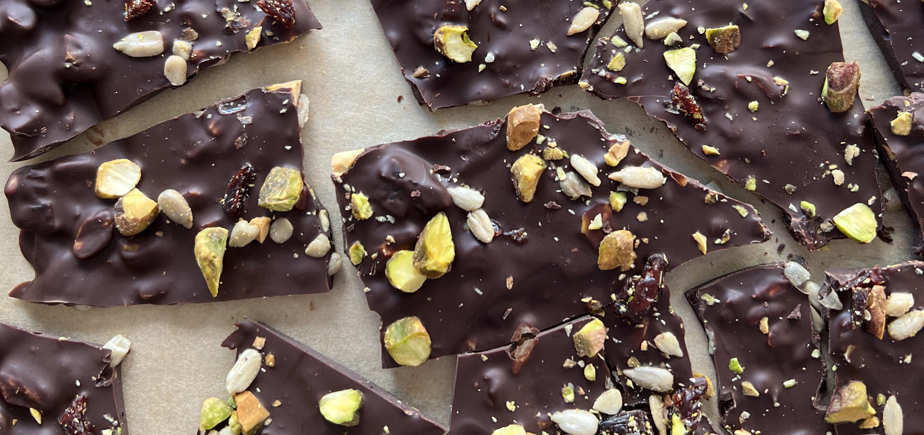 Dark Chocolate Bark with Cherries and Pistachios