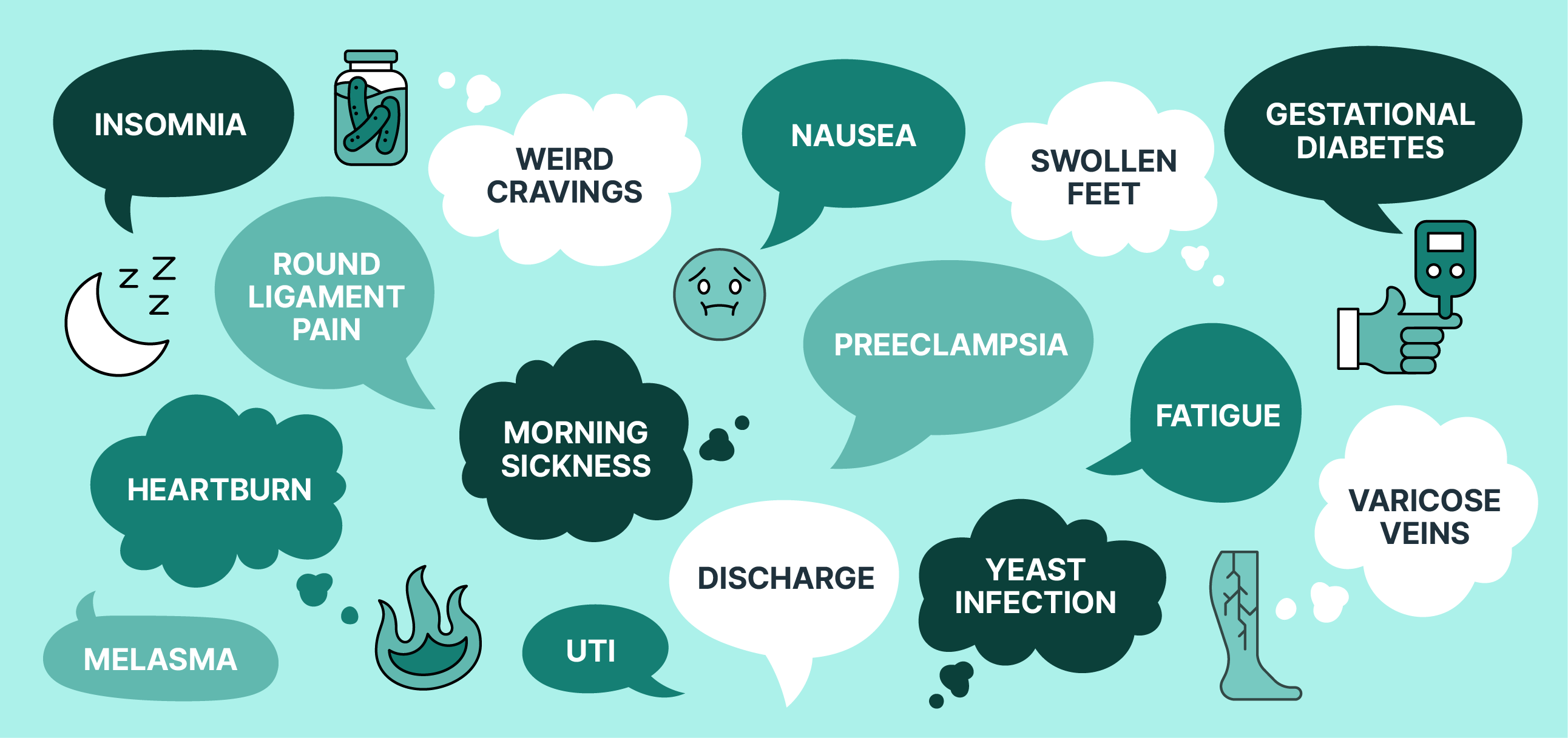 quote bubbles describing various pregnancy concerns including nausea, preeclampsia, weird cravings, UTI, and more