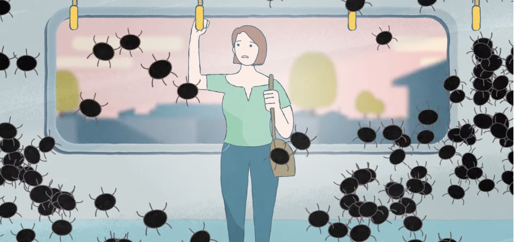 illustration of woman standing on bus, with bugs swarming around her